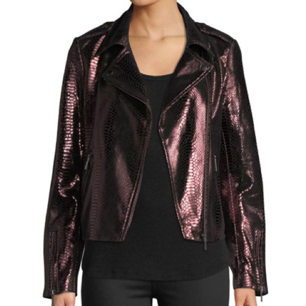 Neiman Marcus Metallic Snake-Embossed Lamb Leather Moto Jacket